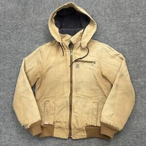 Carhartt Jacket Womens XS Tan Hooded Sherpa Lined Distressed Workwear Grunge